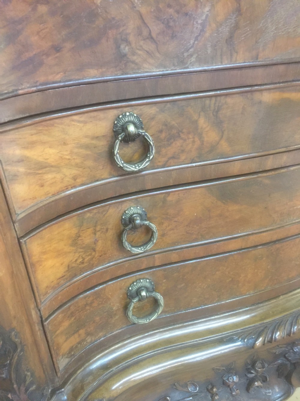 Burr walnut serpentine fronted carved cocktail cabinet  -superb quality View X