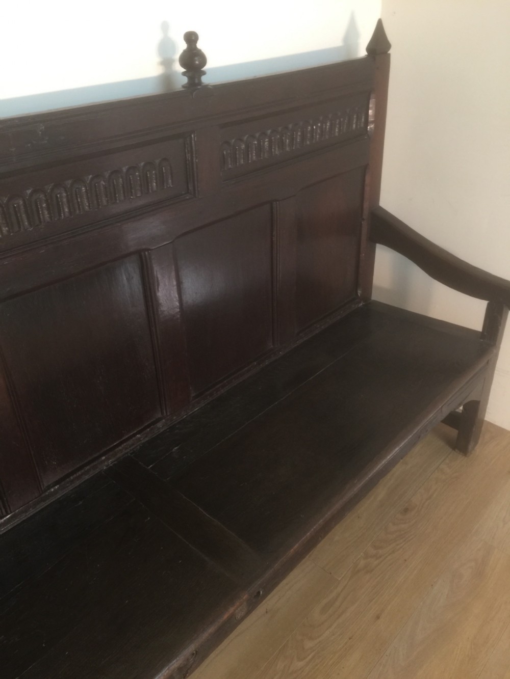 Eighteenth century panelled oak settle  View II