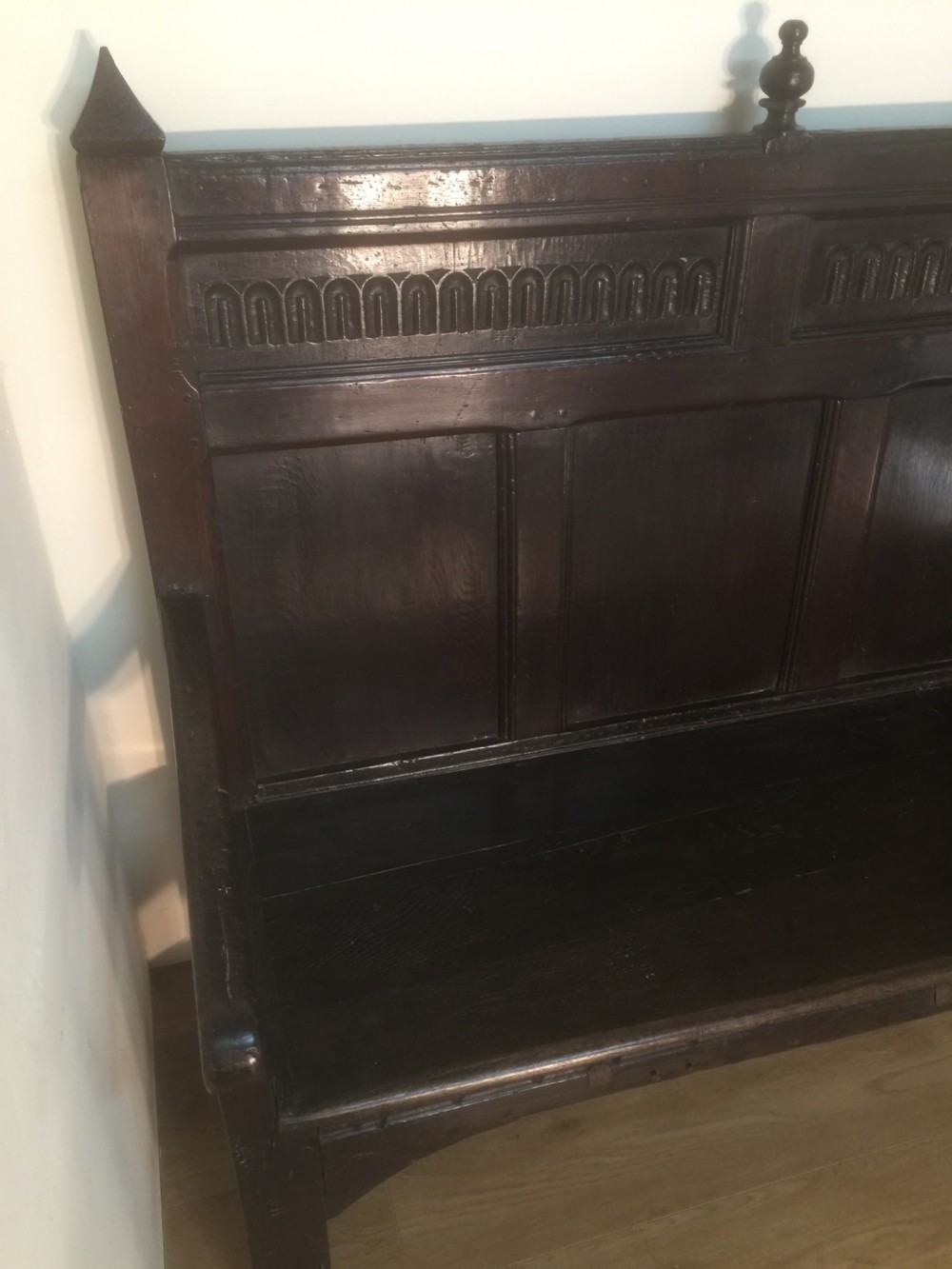 Eighteenth century panelled oak settle  View III