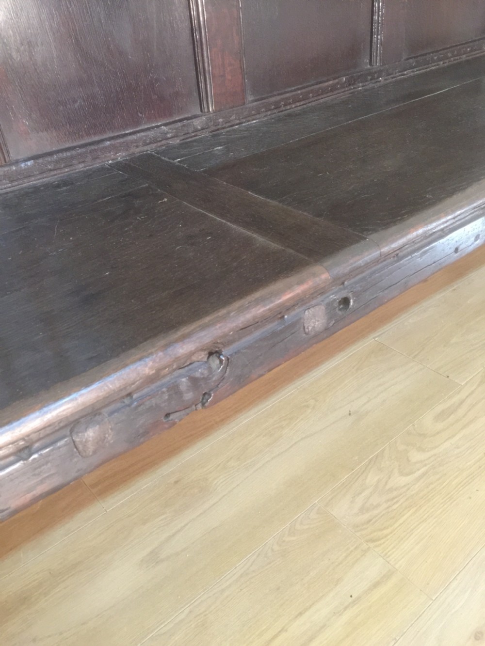 Eighteenth century panelled oak settle  View V