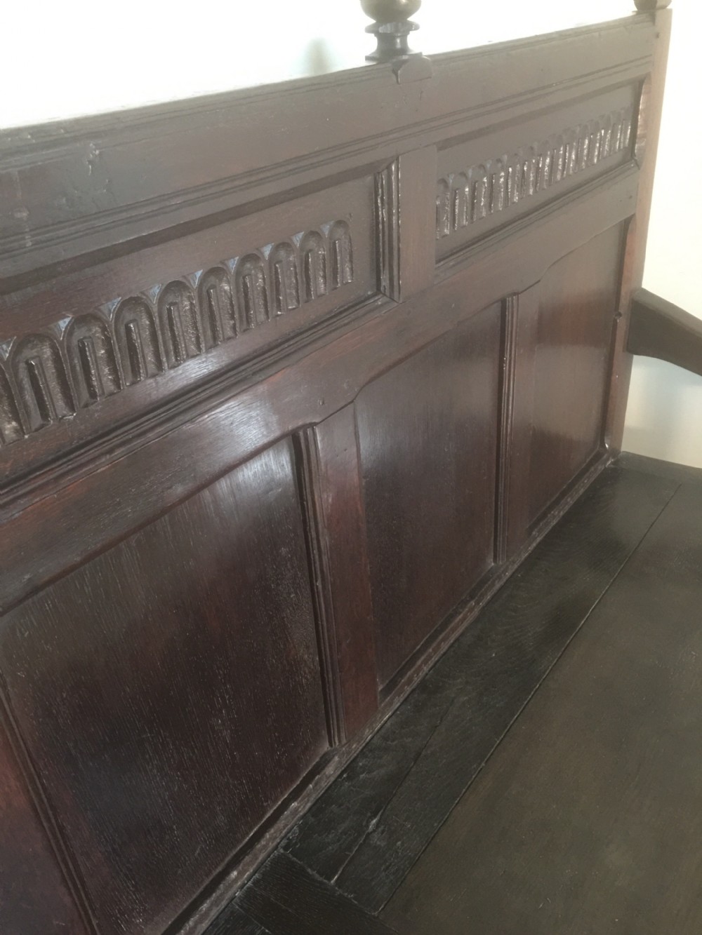 Eighteenth century panelled oak settle  View VI