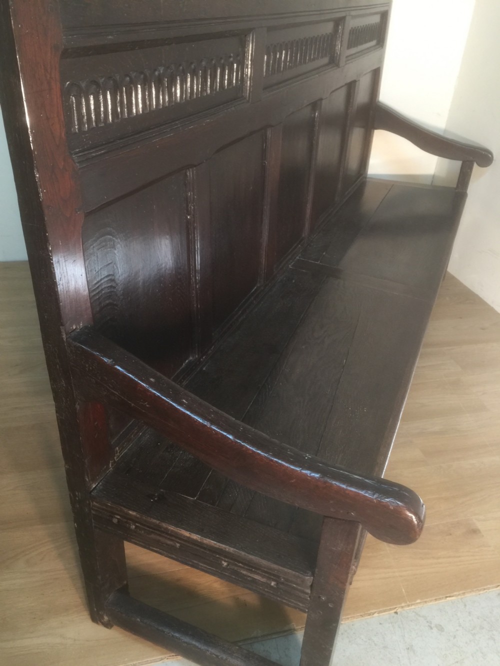 Eighteenth century panelled oak settle  View VII