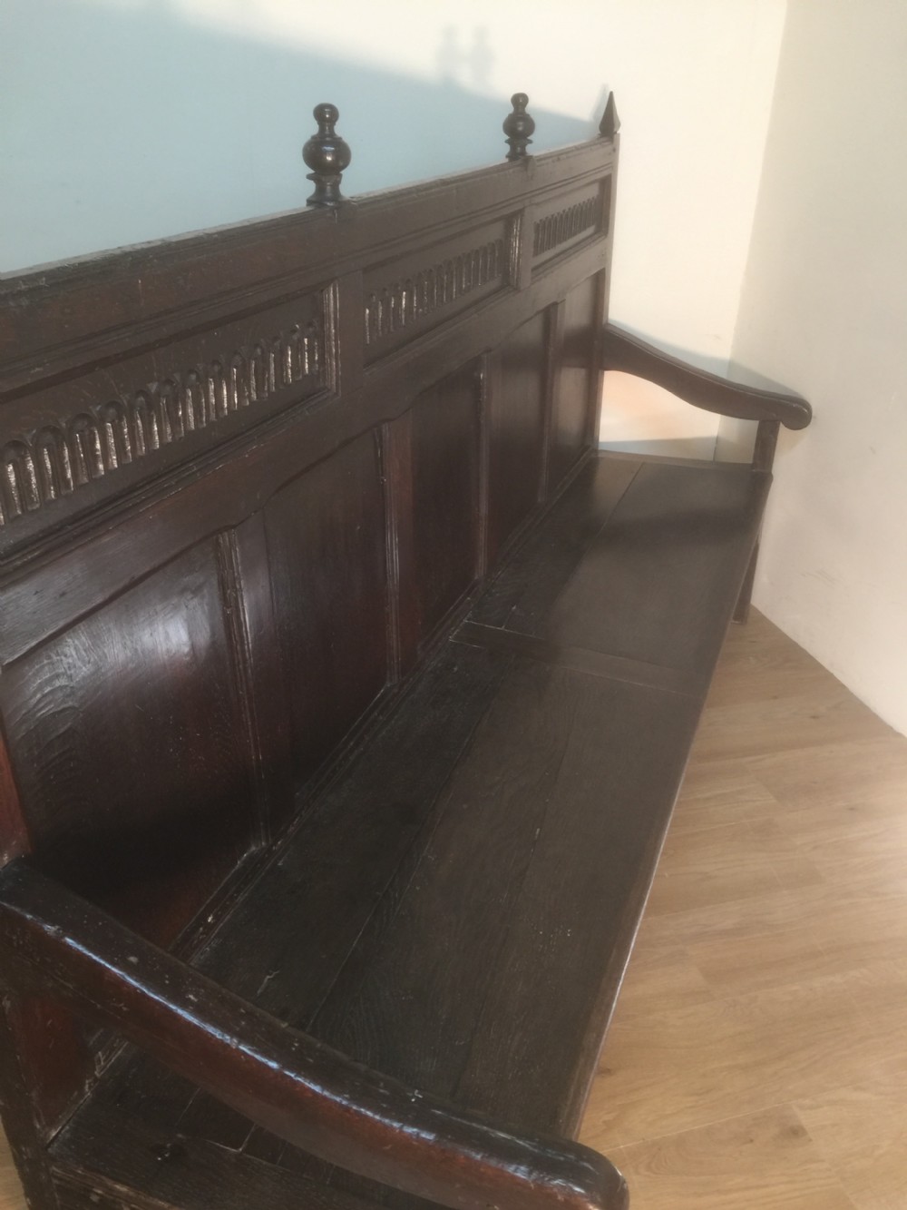 Eighteenth century panelled oak settle  View VIII