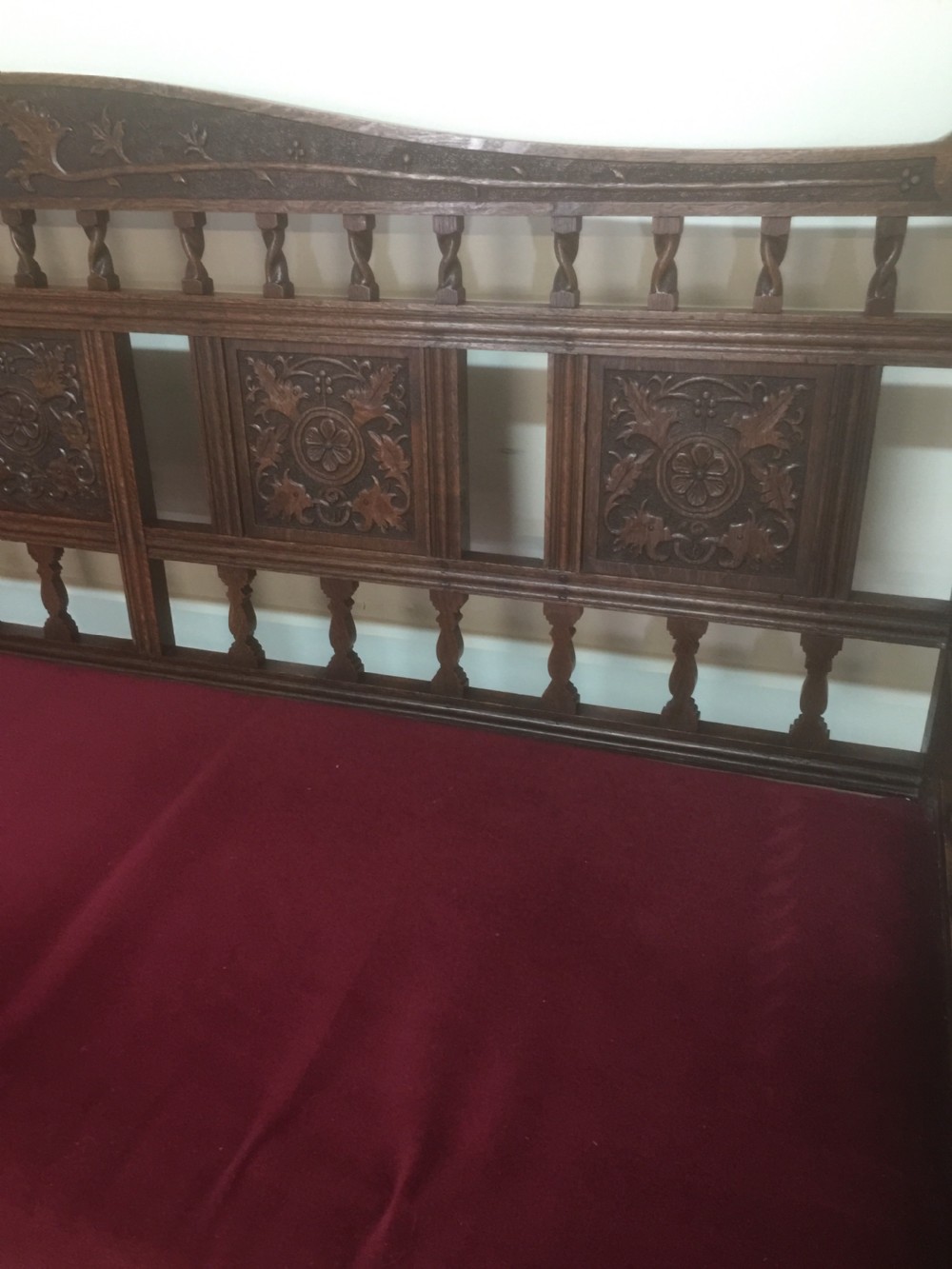 Victorian carved and turned oak settee 1910 View II