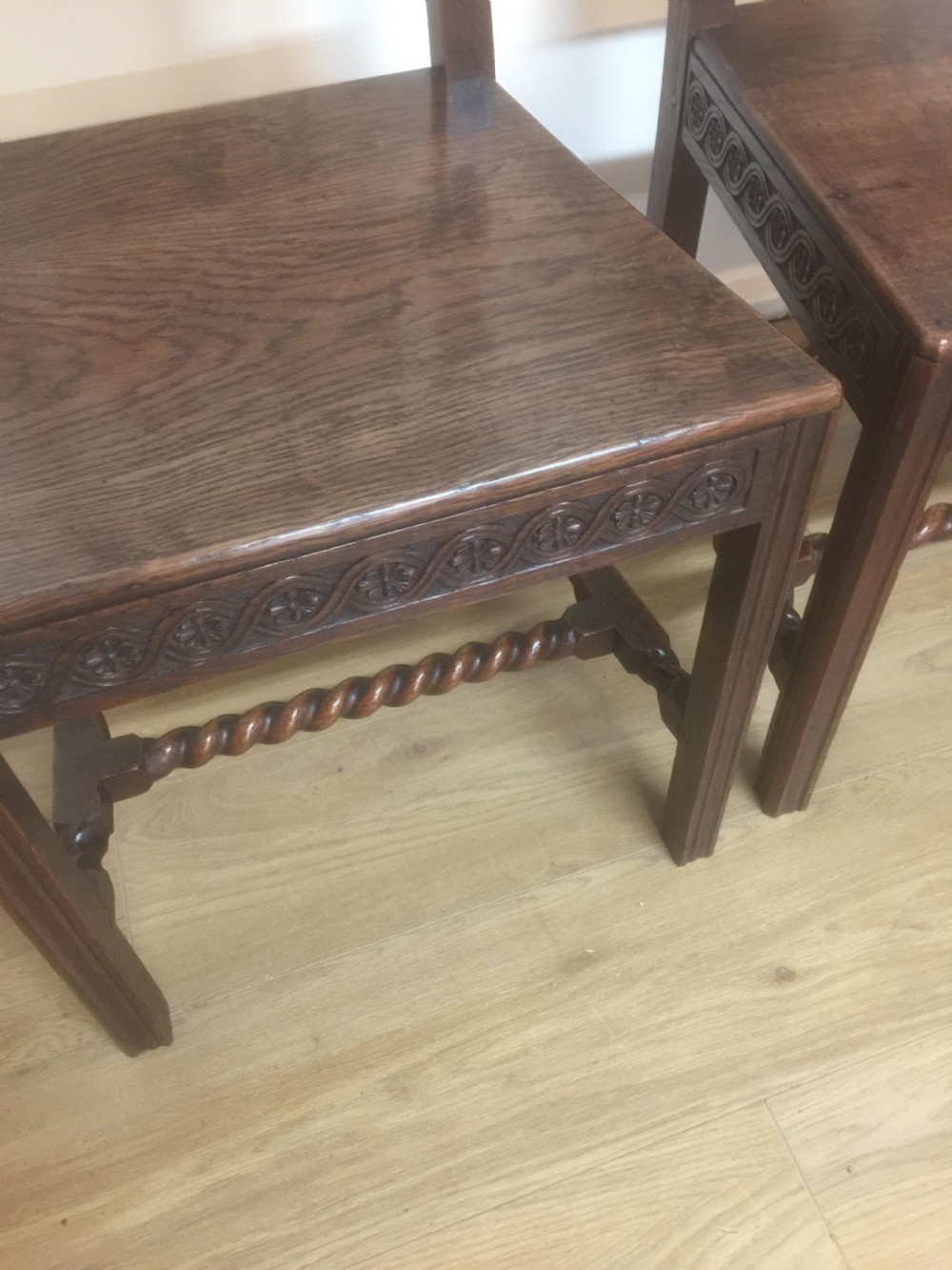Four hand carved Edwardian oak chairs  View III