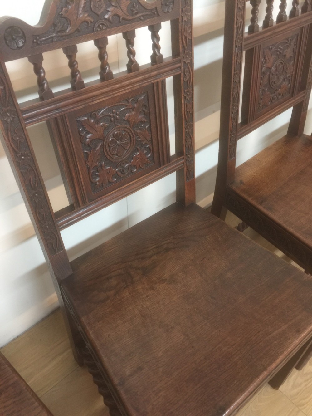 Four hand carved Edwardian oak chairs  View IV