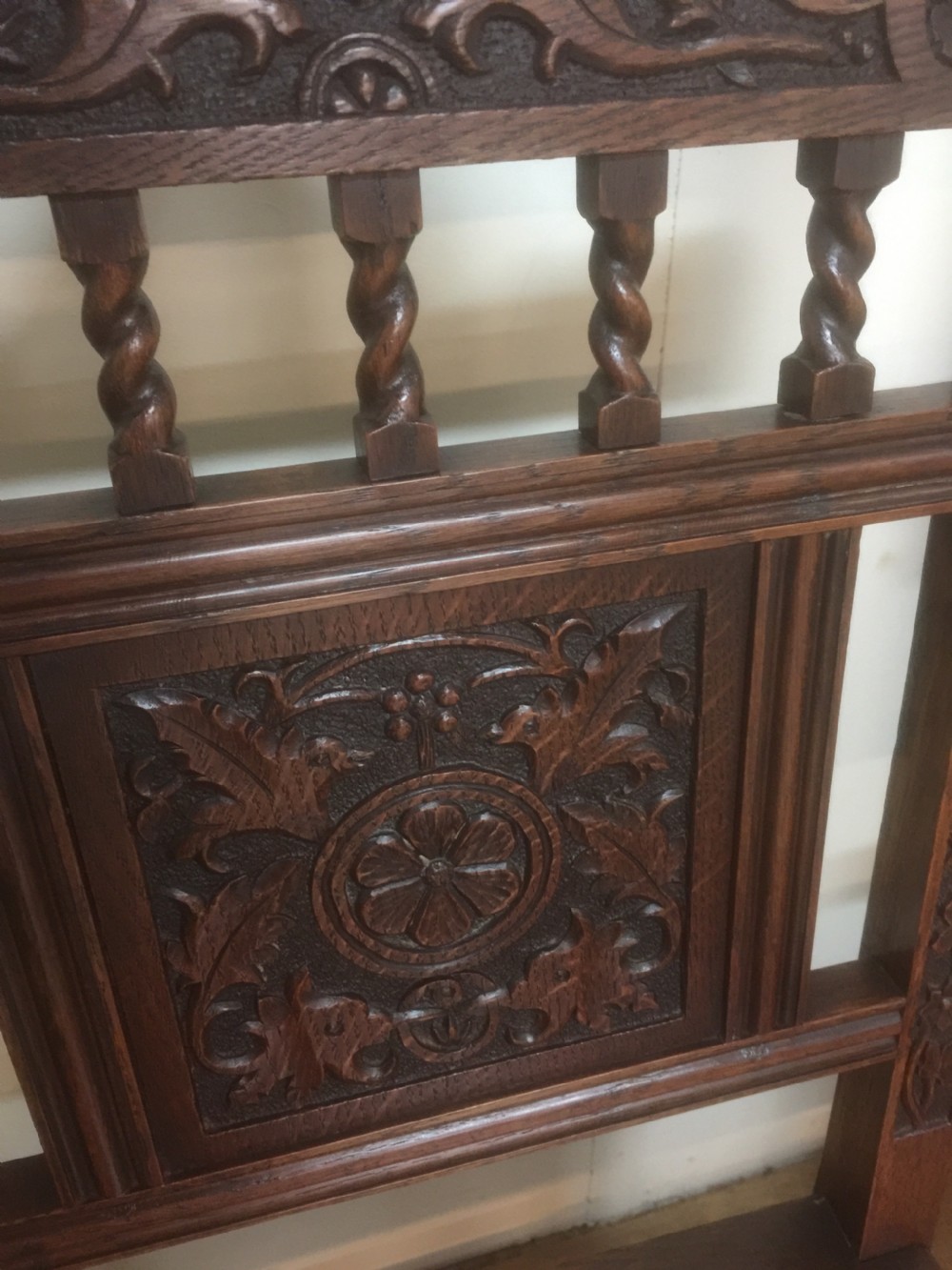 Four hand carved Edwardian oak chairs  View VI