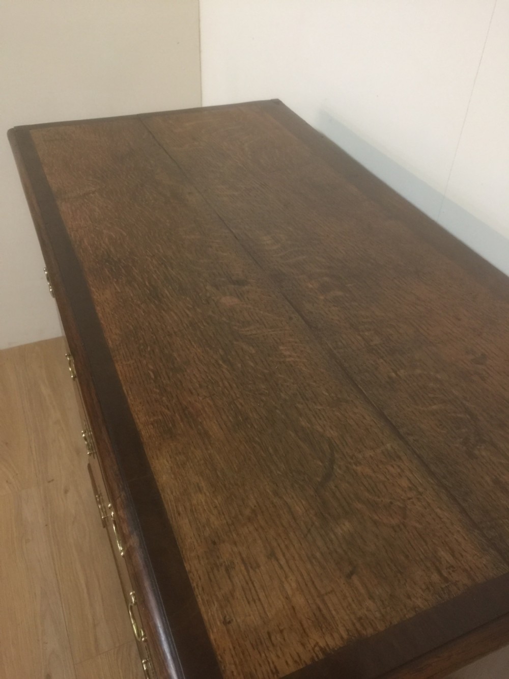 Georgian golden oak and crossbanded mahogany Chest Of Drawers.  View IV