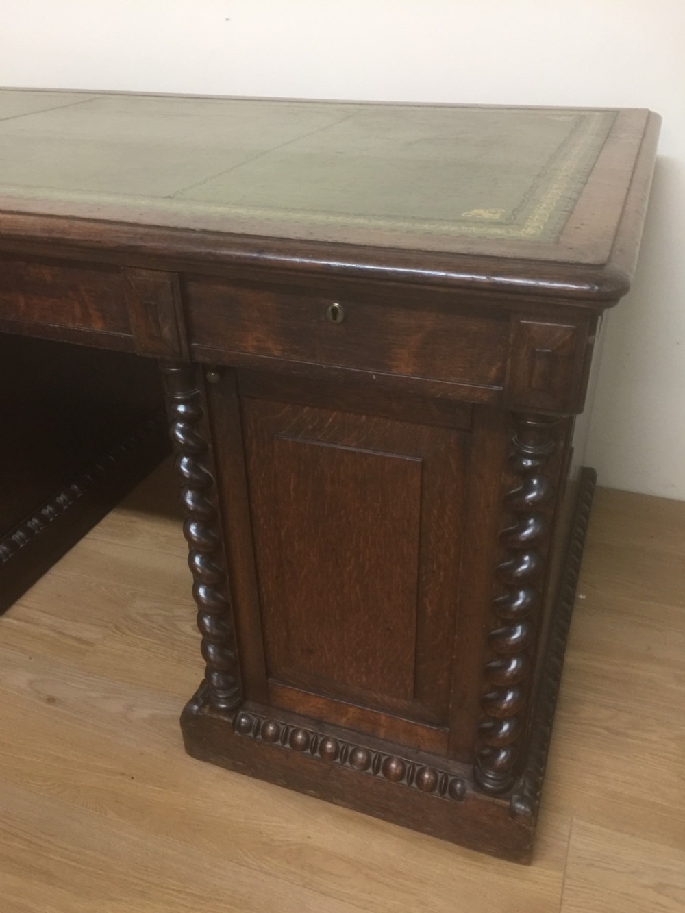 Nineteenth century twin Pedestal oak desk with leather top View II