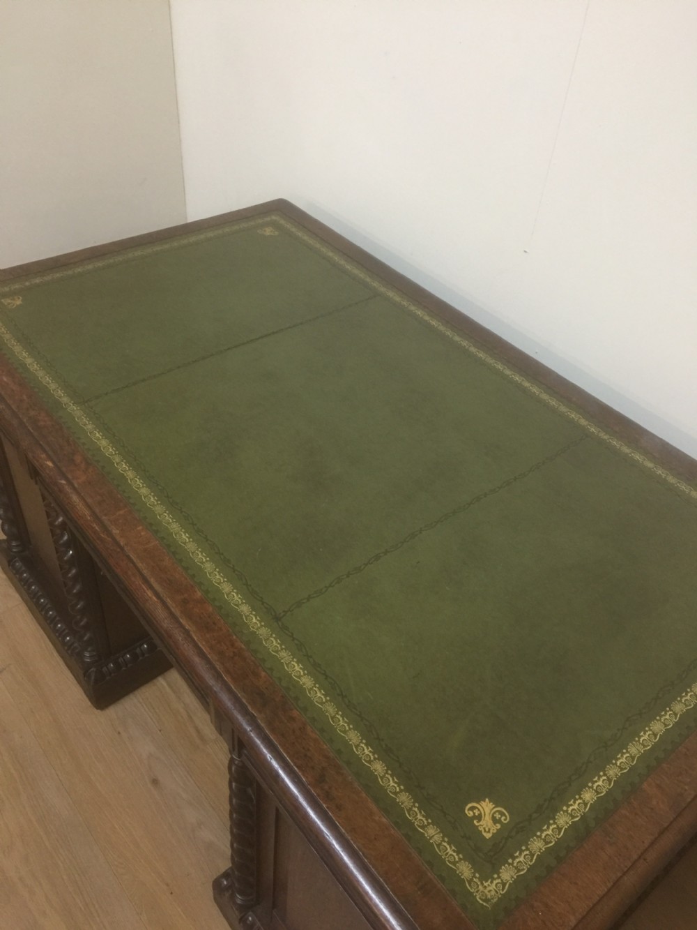 Nineteenth century twin Pedestal oak desk with leather top View IV