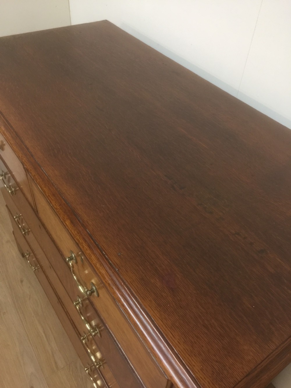 Georgian golden oak chest of drawers crossbanded in Mahogany  View III