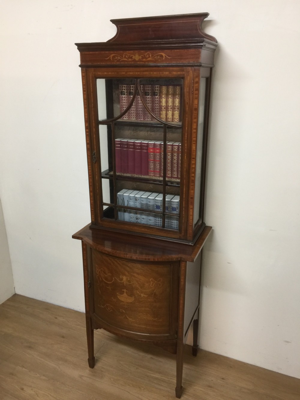 Edwardian Inlaid mahogany cabinet over cupboard on tapered feet  View III