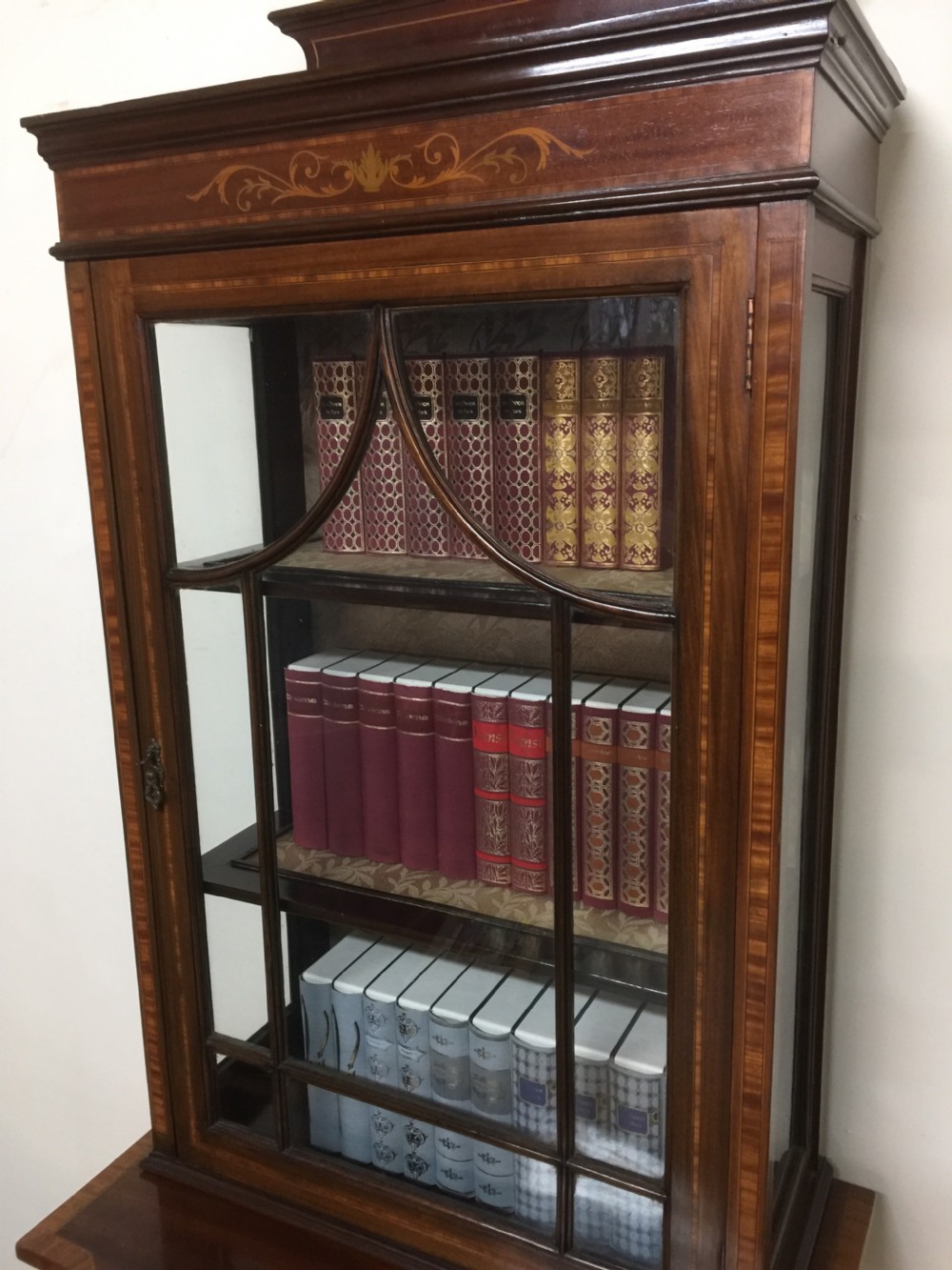 Edwardian Inlaid mahogany cabinet over cupboard on tapered feet  View IV