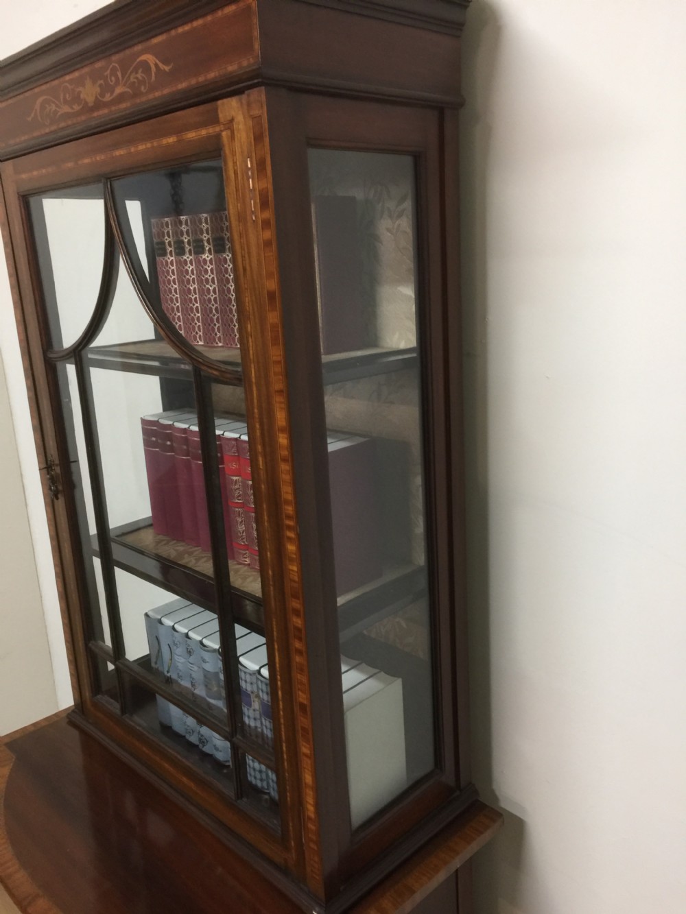 Edwardian Inlaid mahogany cabinet over cupboard on tapered feet  View V