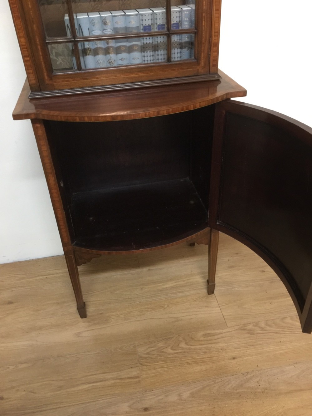 Edwardian Inlaid mahogany cabinet over cupboard on tapered feet  View VII