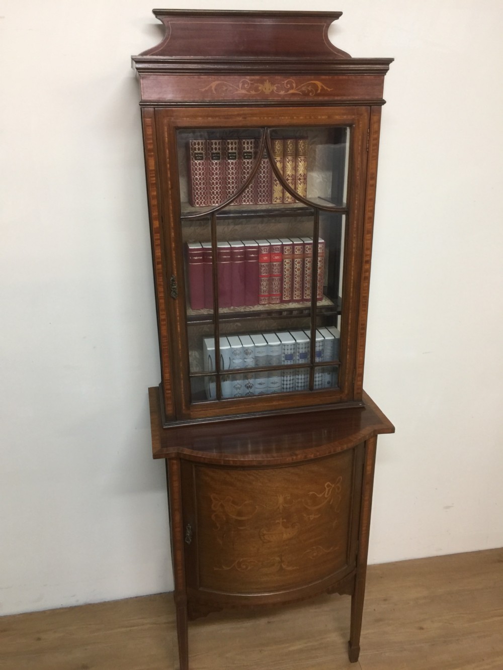 Edwardian Inlaid mahogany cabinet over cupboard on tapered feet  View IX