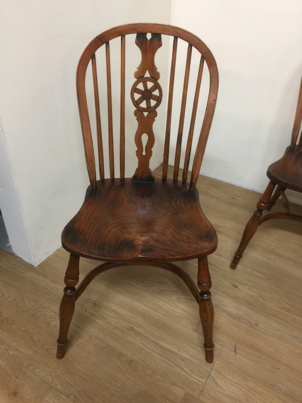 Six elm country chairs with crinoline under stretchers    View II