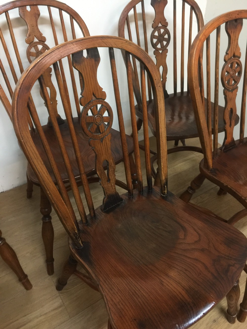 Six elm country chairs with crinoline under stretchers    View V