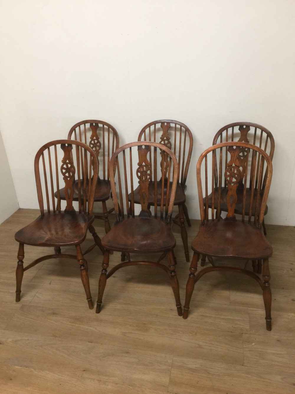 Six elm country chairs with crinoline under stretchers    View VII