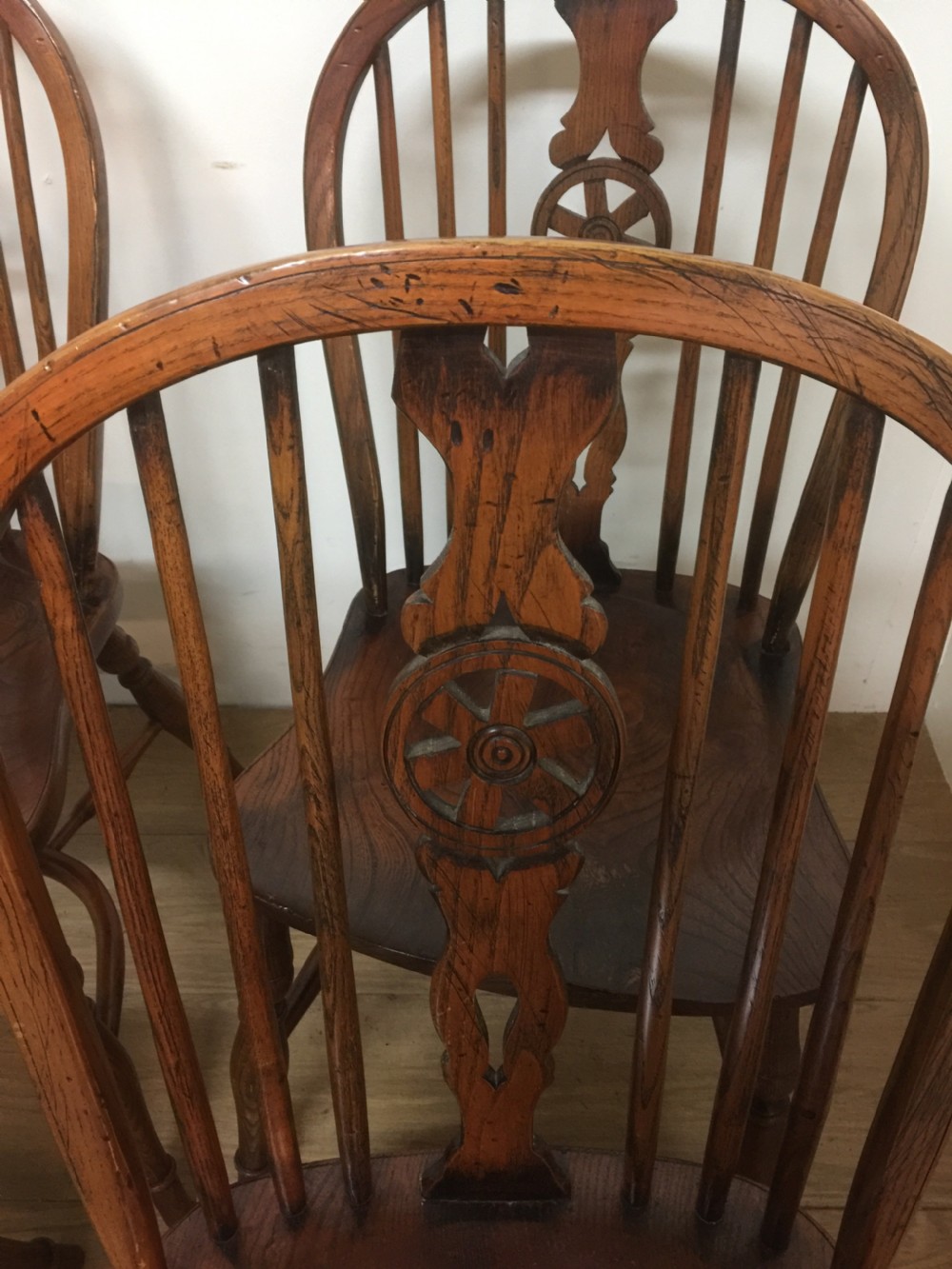 Six elm country chairs with crinoline under stretchers    View VIII