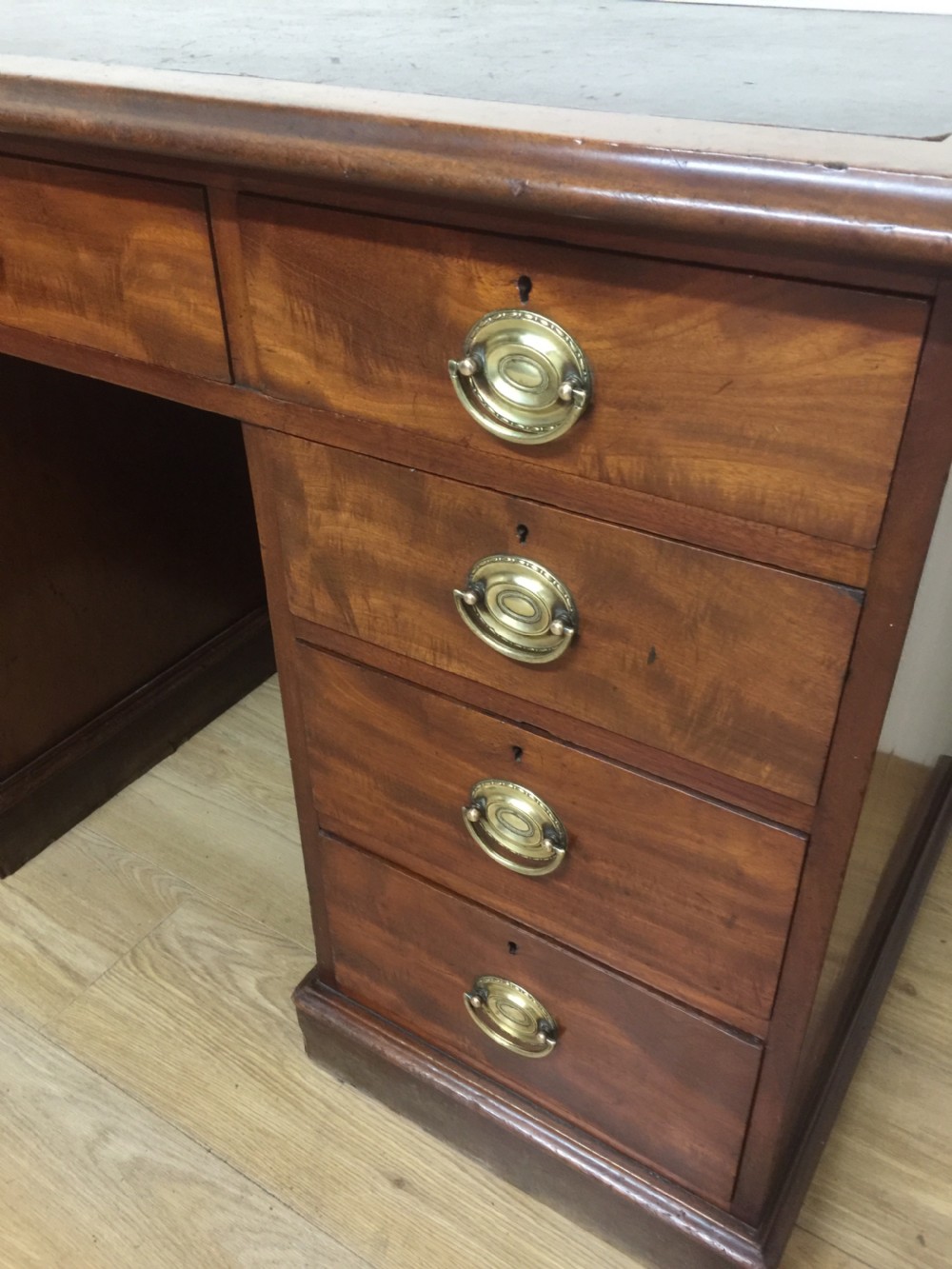 Nineteenth century mahogany twin Pedestal desk with brass oval plate handles View II