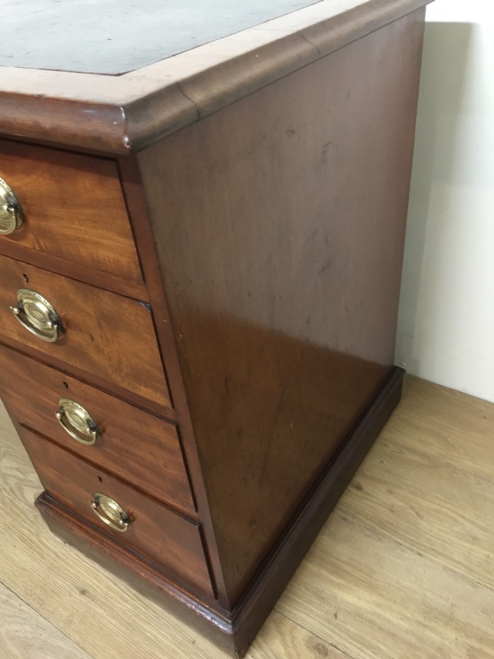 Nineteenth century mahogany twin Pedestal desk with brass oval plate handles View IV