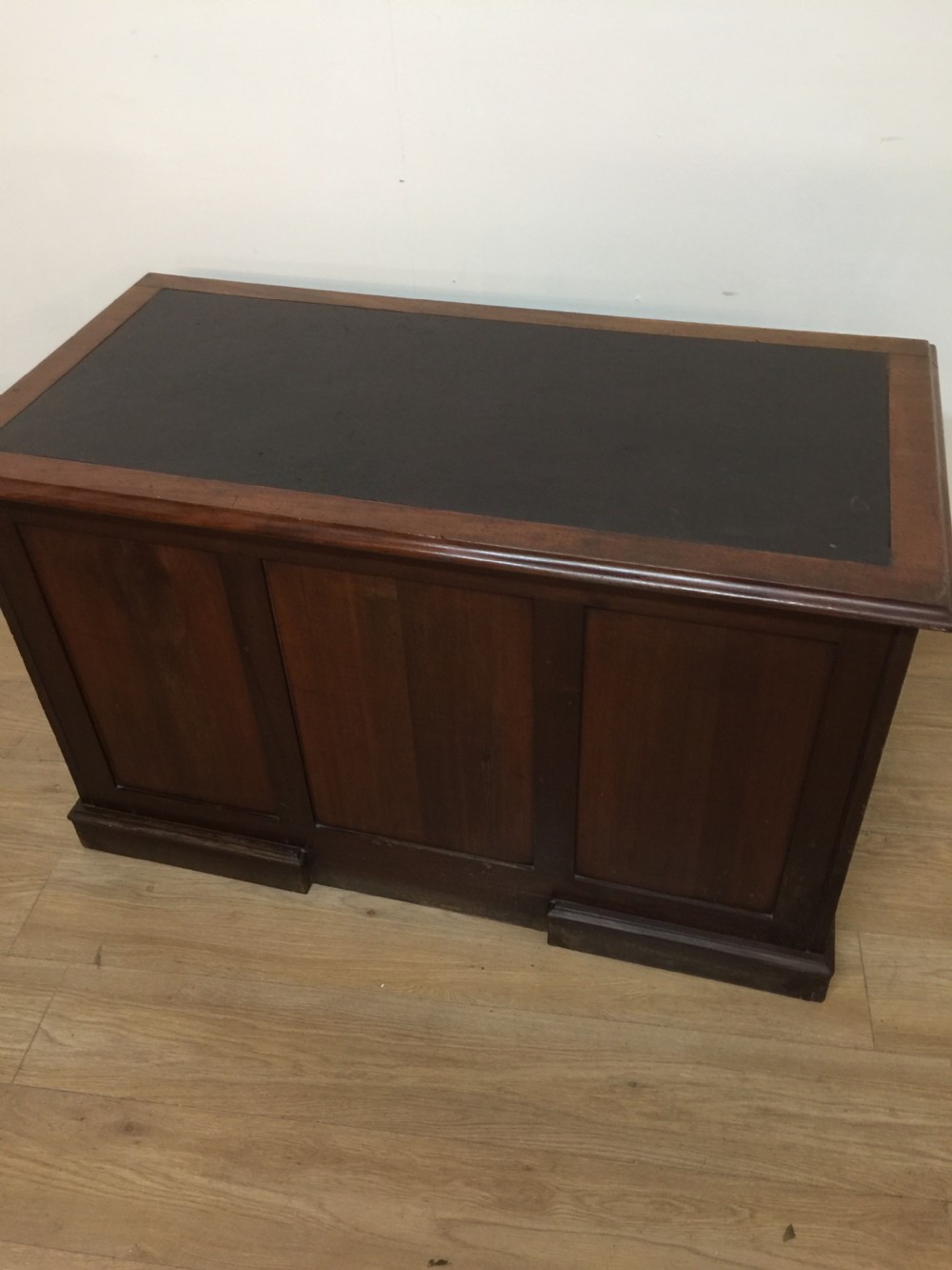 Nineteenth century mahogany twin Pedestal desk with brass oval plate handles View IX