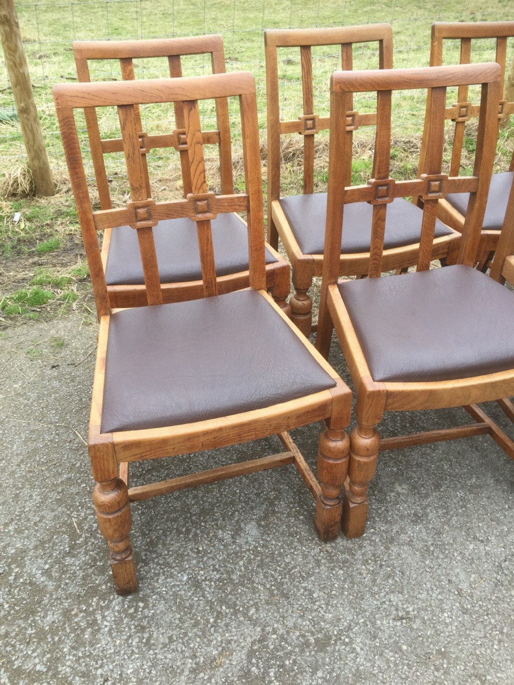 Set of 12 Arts and crafts golden oak dining chairs  View II