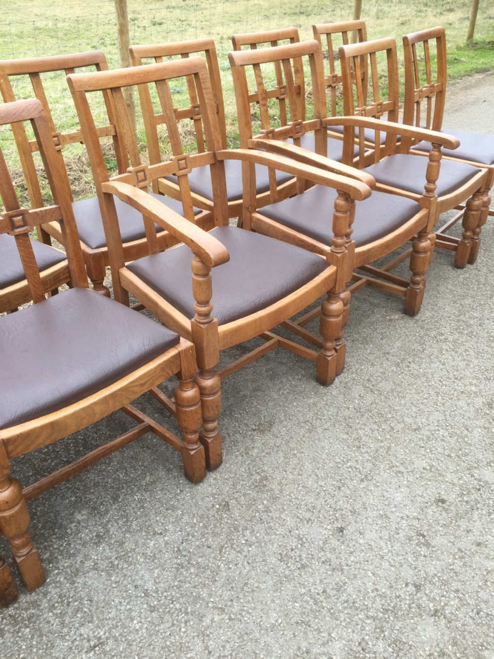 Set of 12 Arts and crafts golden oak dining chairs  View III