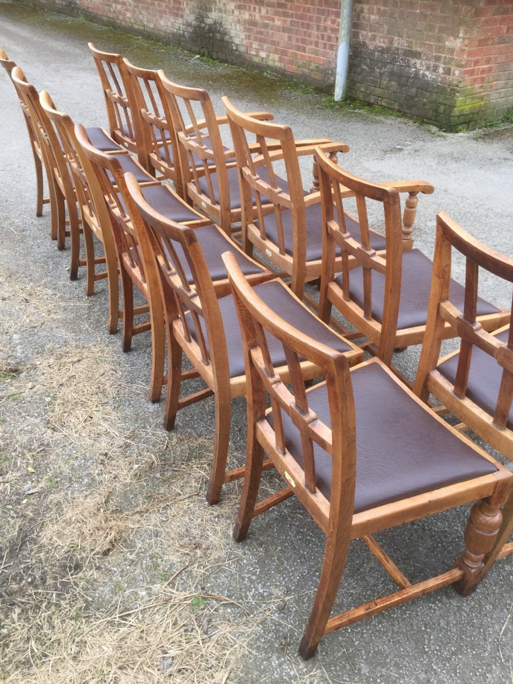 Set of 12 Arts and crafts golden oak dining chairs  View V