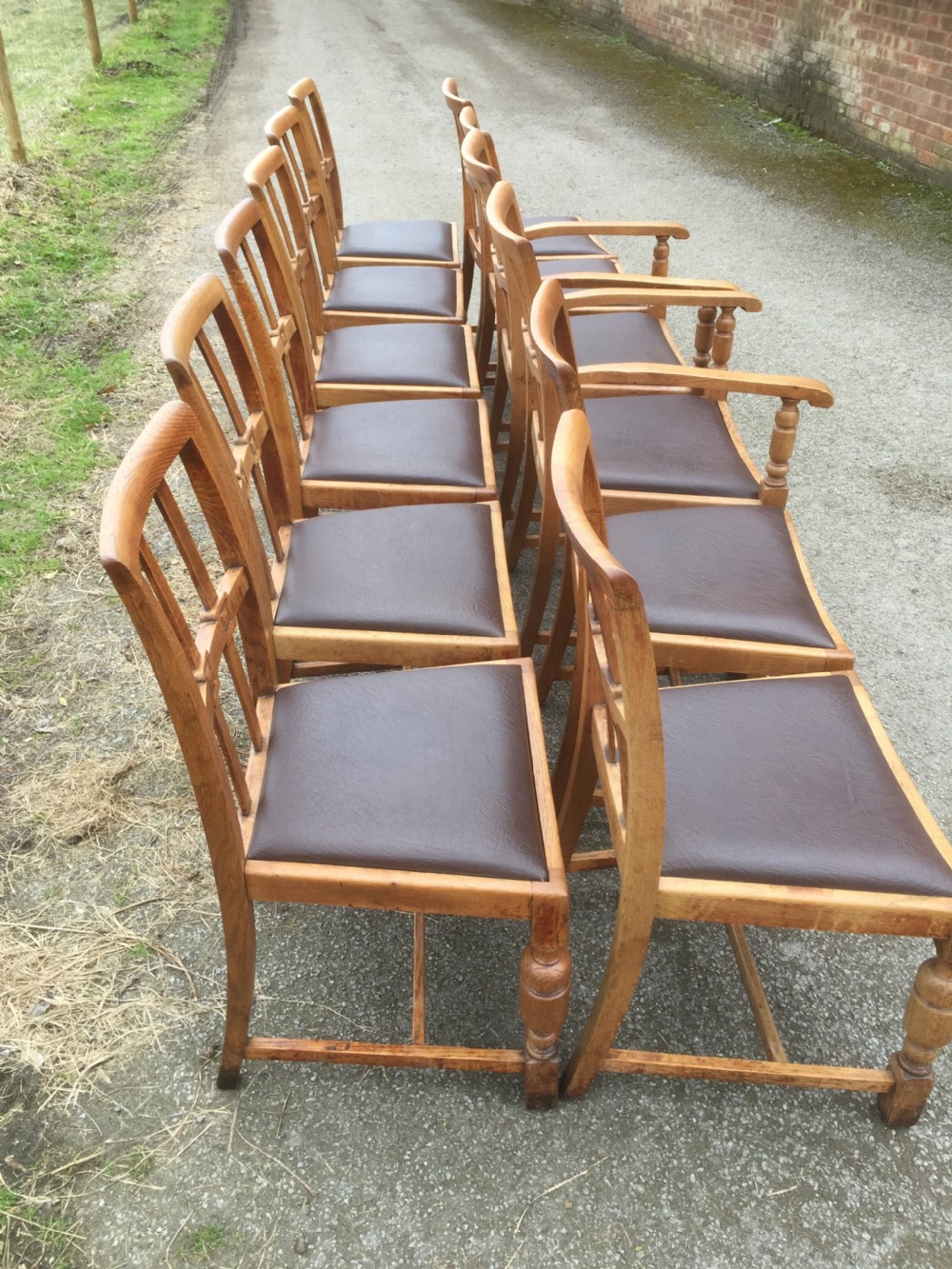 Set of 12 Arts and crafts golden oak dining chairs  View VI