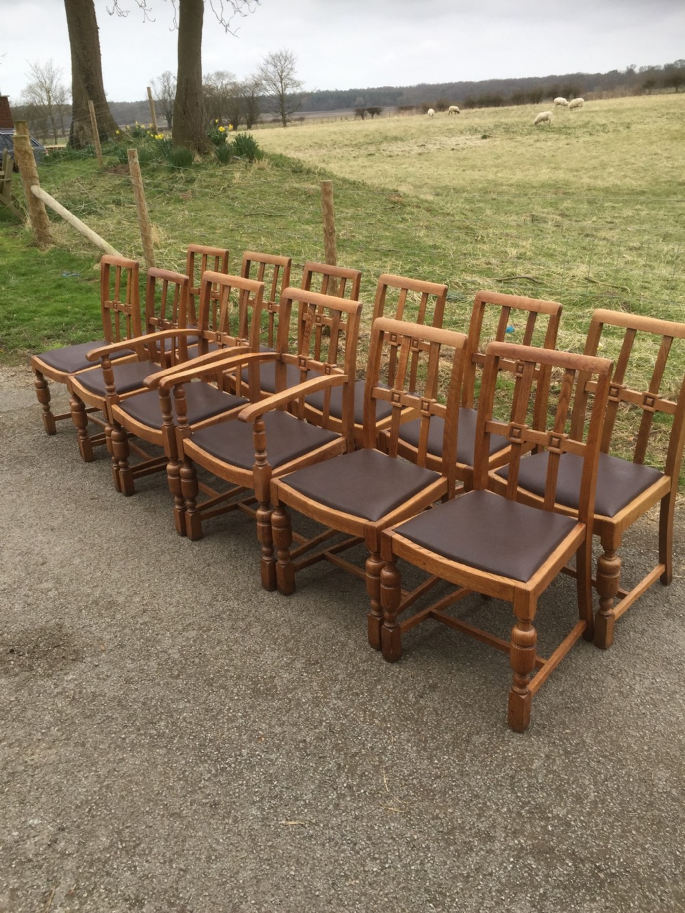 Set of 12 Arts and crafts golden oak dining chairs  View XII