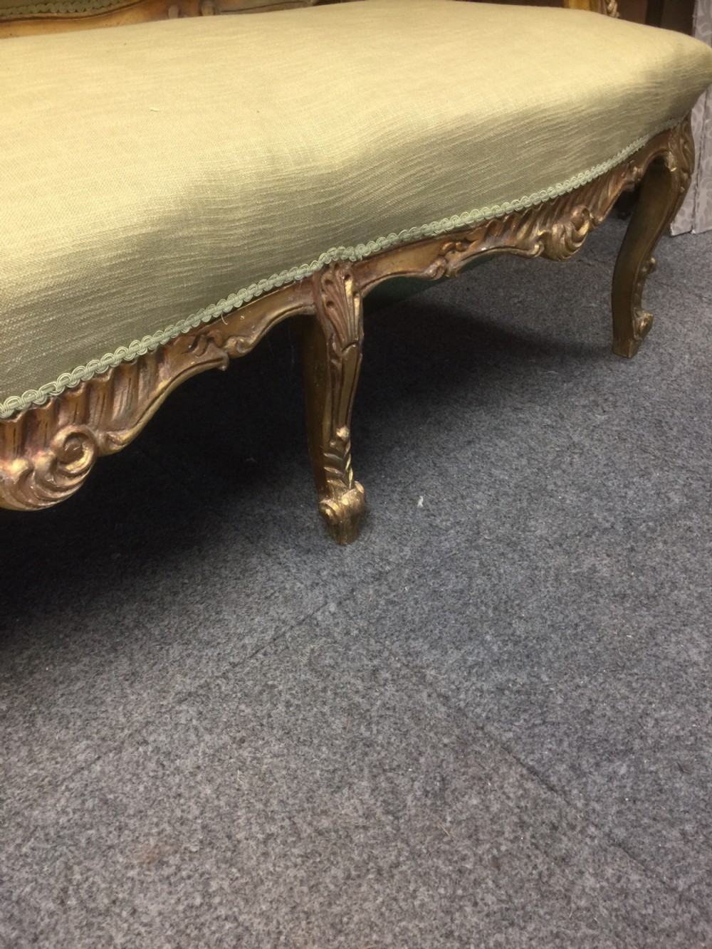 French three seater sofa with carved and gilded frame circa 1900 View III