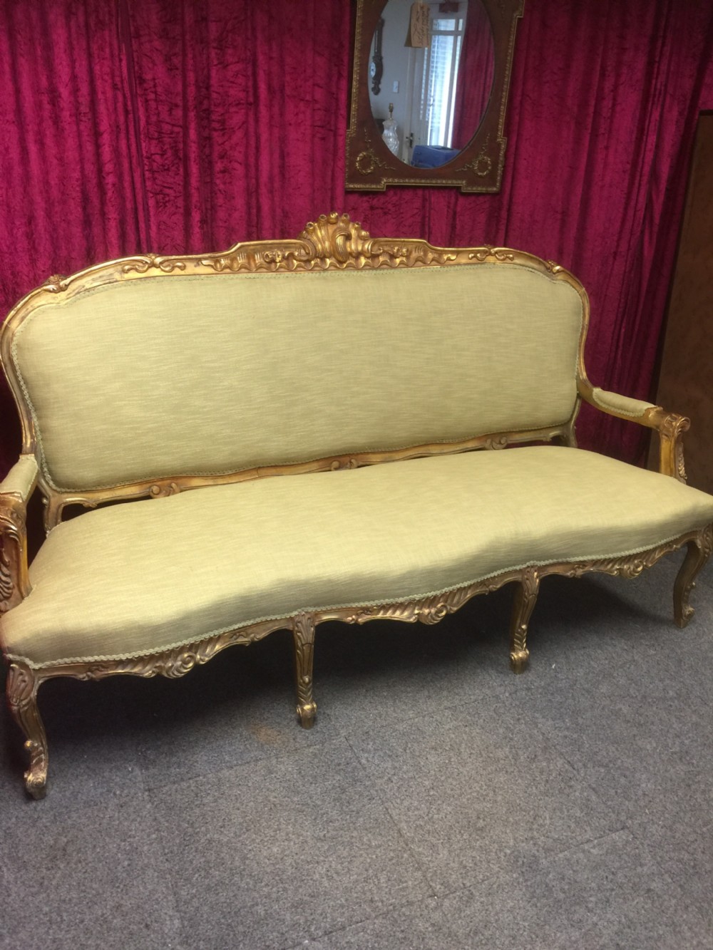 French three seater sofa with carved and gilded frame circa 1900 View IV