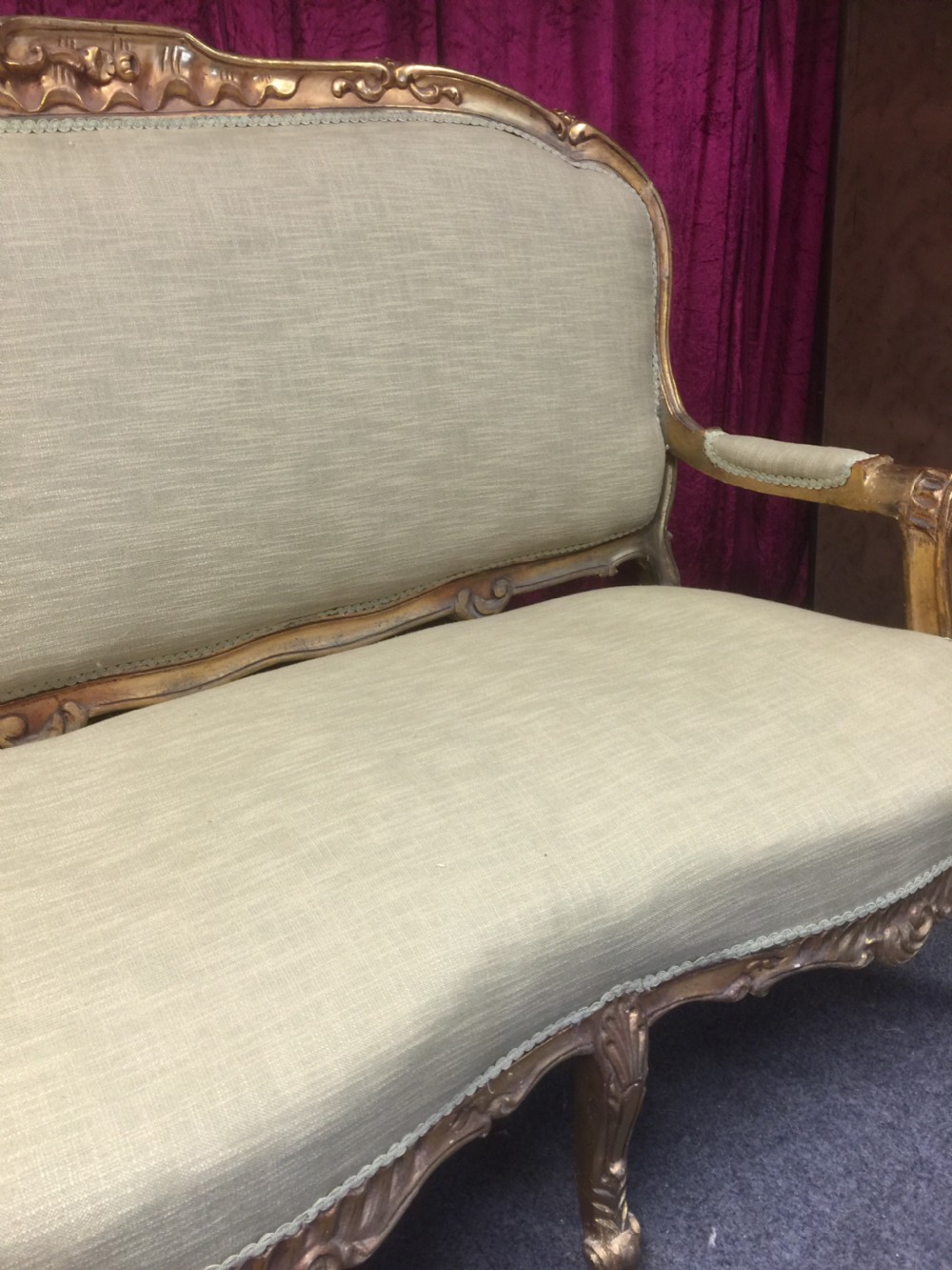 French three seater sofa with carved and gilded frame circa 1900 View V