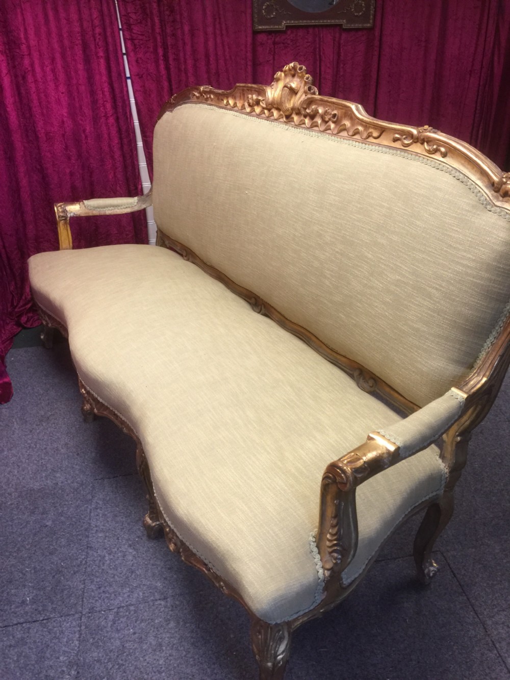 French three seater sofa with carved and gilded frame circa 1900 View X