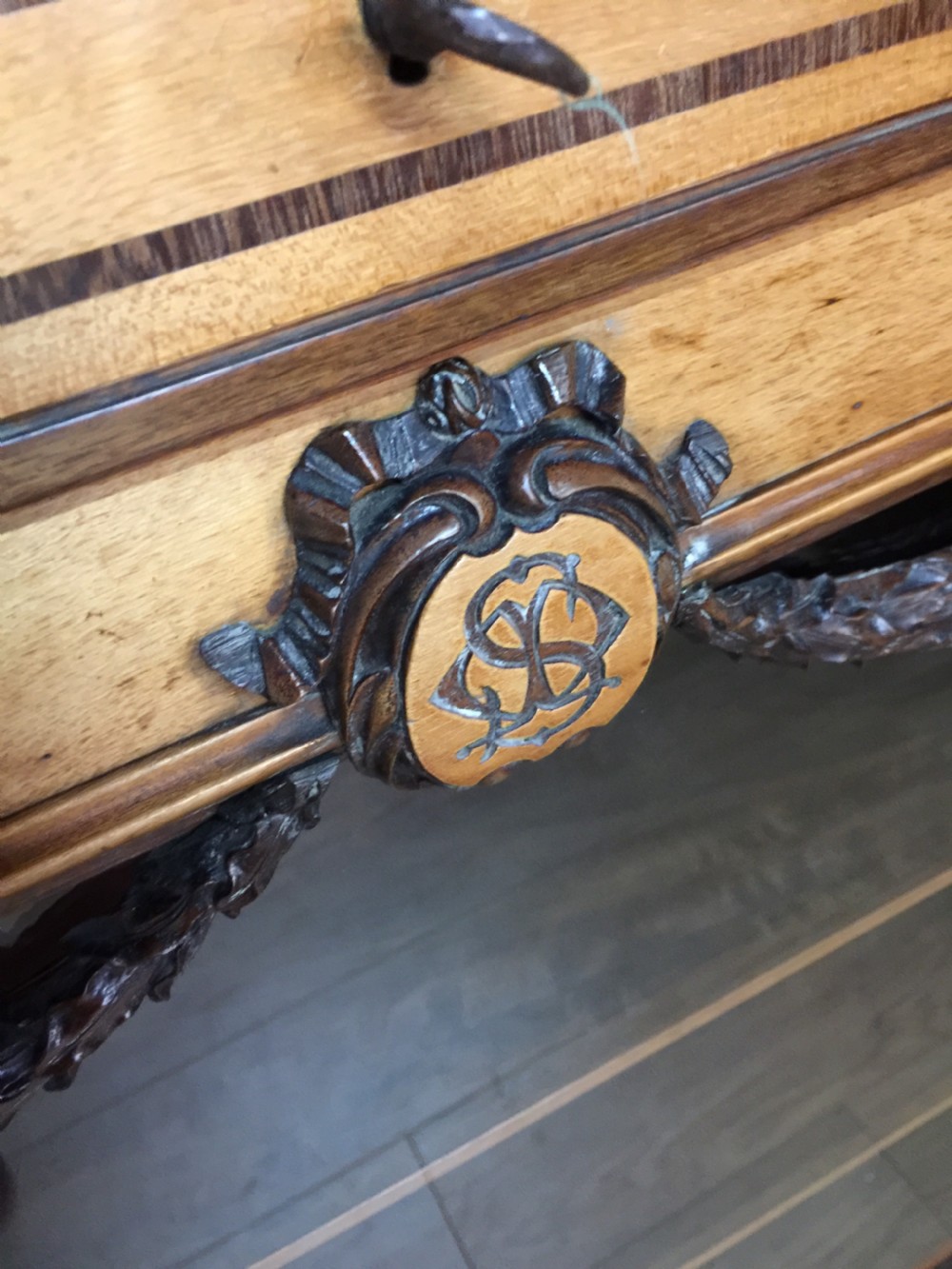 Nineteenth century French inlaid and carved satinwood cabinet  View VI
