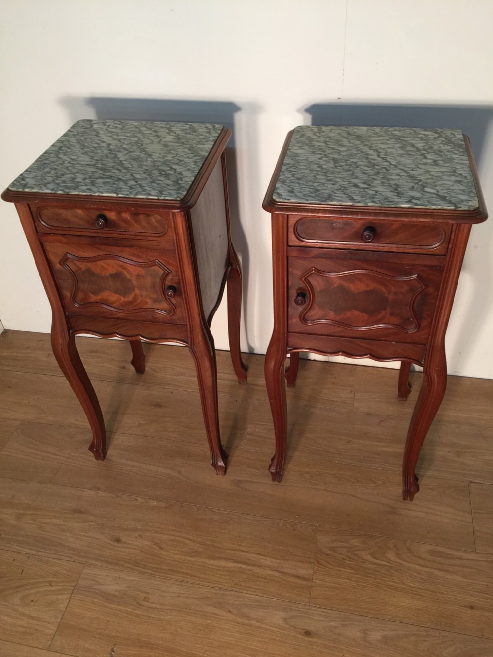 Pair of French walnut marble topped bedside cabinets circa 1920 View II