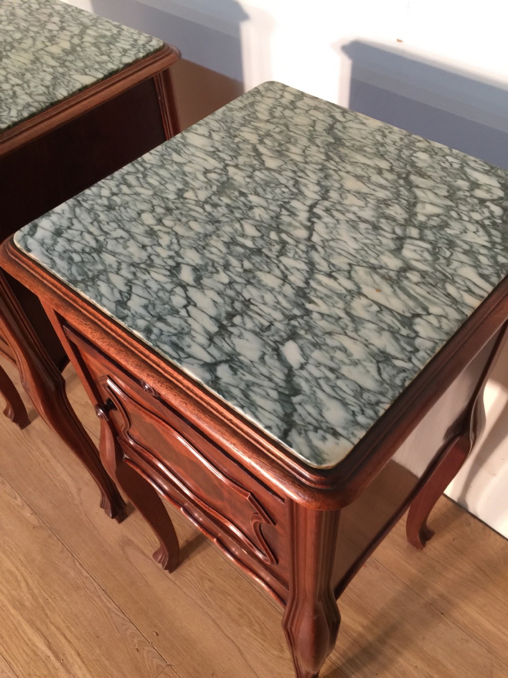 Pair of French walnut marble topped bedside cabinets circa 1920 View III