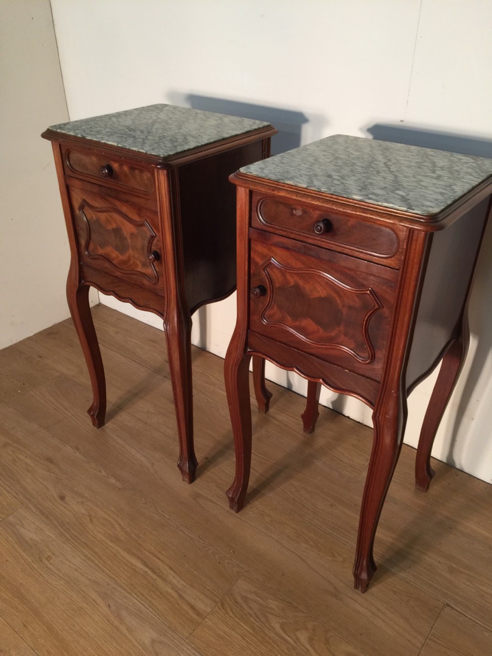 Pair of French walnut marble topped bedside cabinets circa 1920 View IV