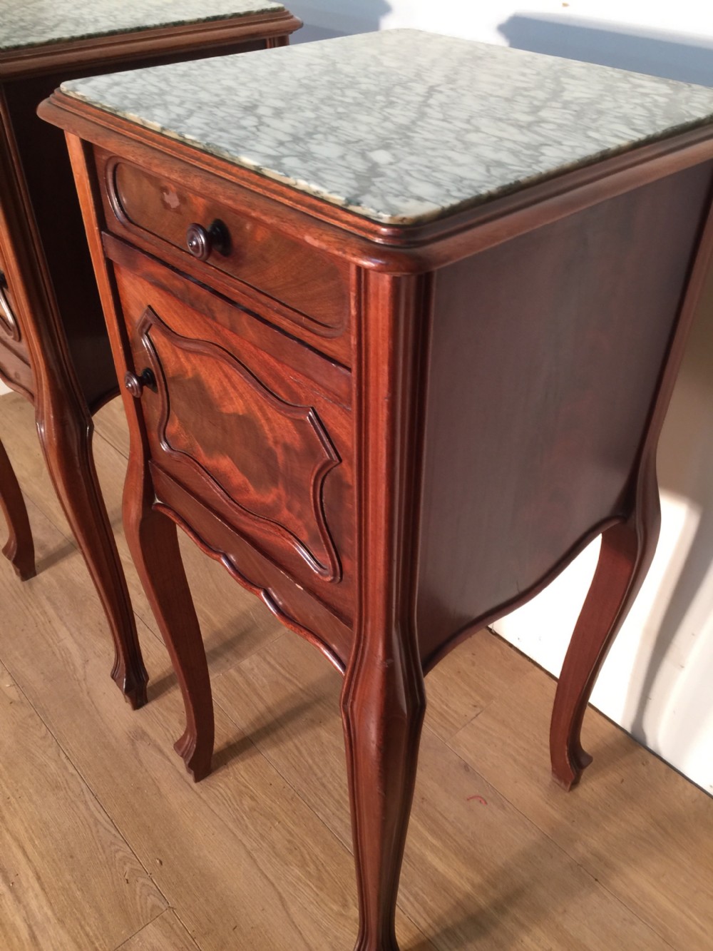 Pair of French walnut marble topped bedside cabinets circa 1920 View V