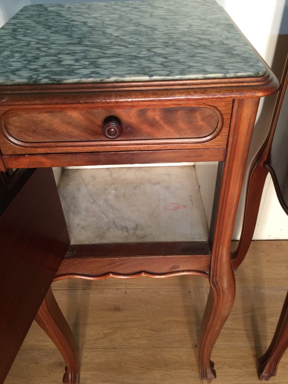 Pair of French walnut marble topped bedside cabinets circa 1920 View VI