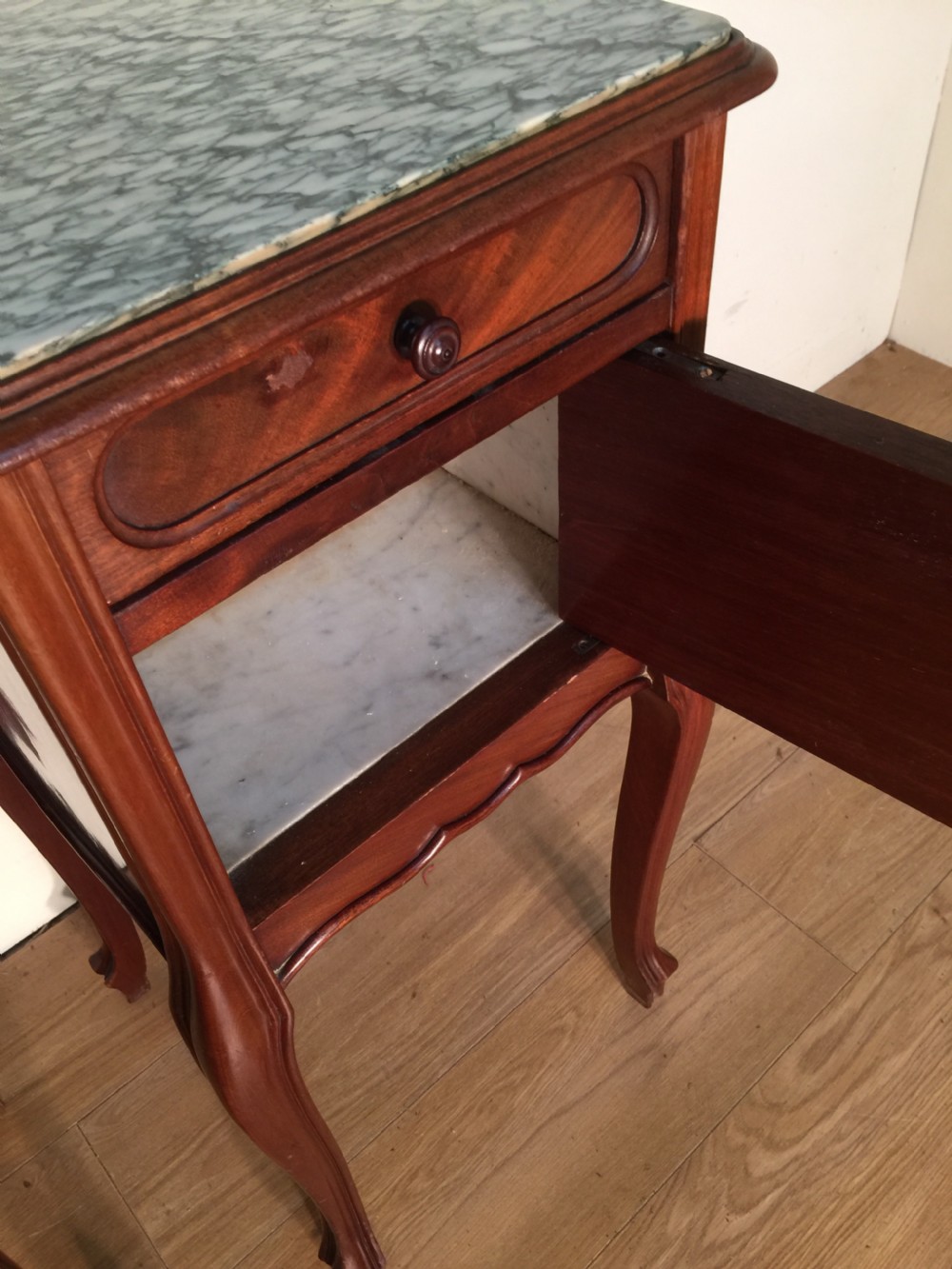 Pair of French walnut marble topped bedside cabinets circa 1920 View VII
