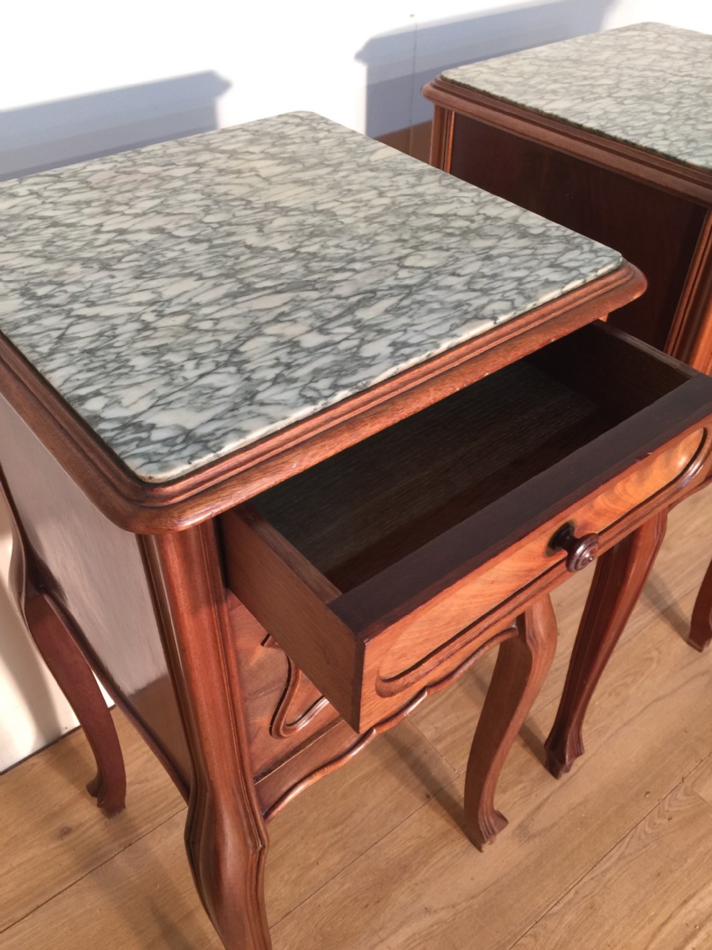 Pair of French walnut marble topped bedside cabinets circa 1920 View VIII