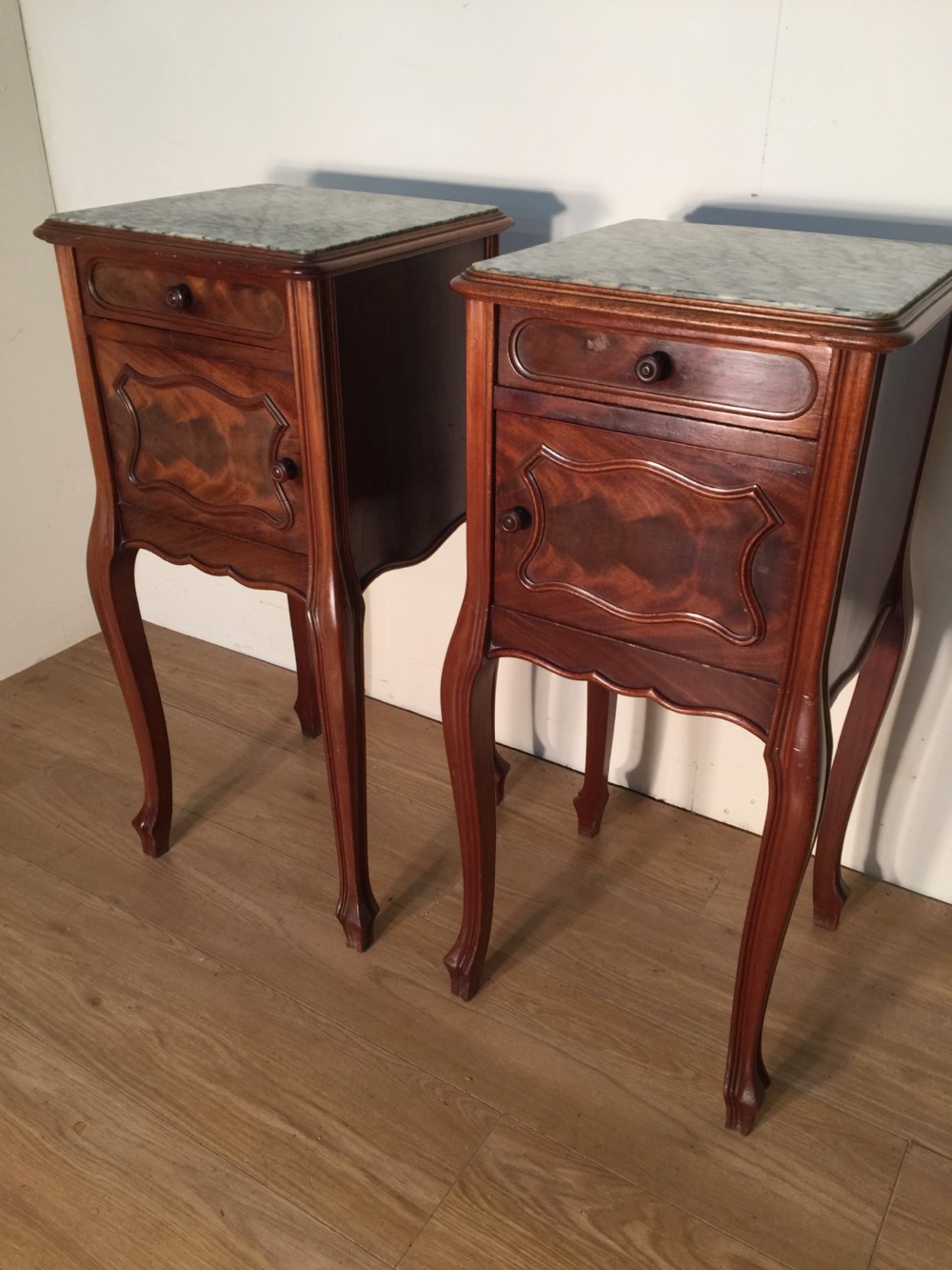 Pair of French walnut marble topped bedside cabinets circa 1920 View IX