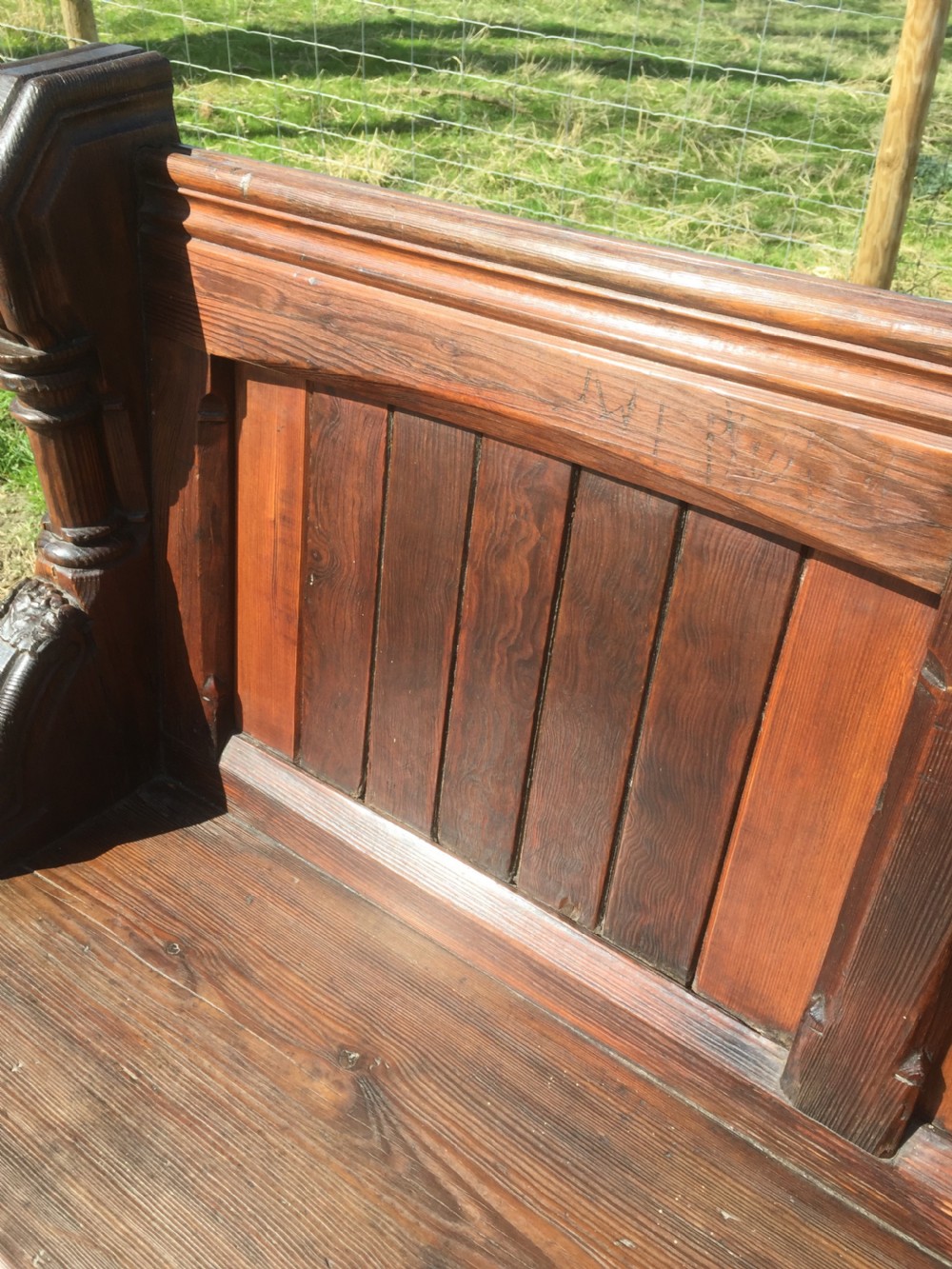 Nineteenth century carved pitch pine pew View V