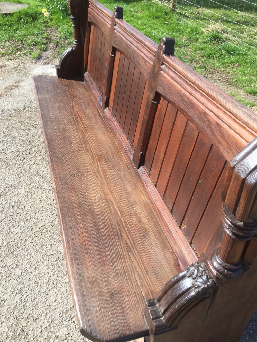 Nineteenth century carved pitch pine pew View XI