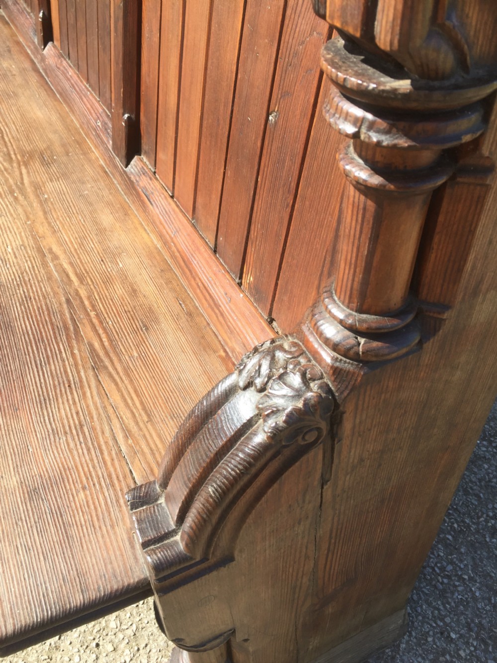 Nineteenth century carved pitch pine pew View XII