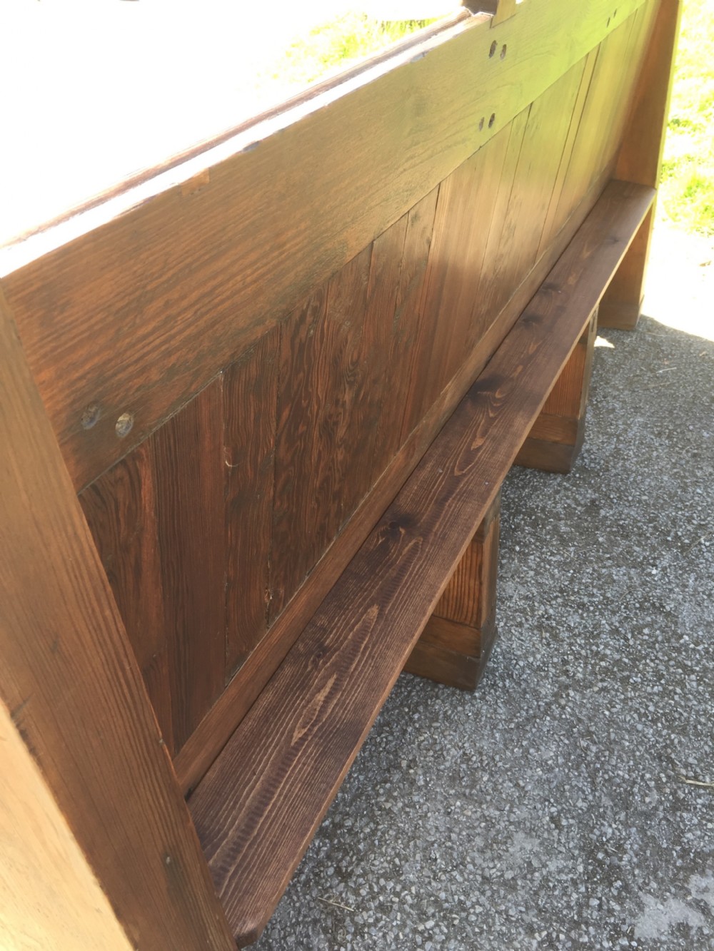 Nineteenth century carved pitch pine pew with panelled back  View IV