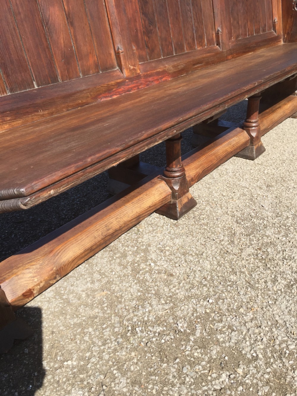 Nineteenth century carved pitch pine pew with panelled back  View VI